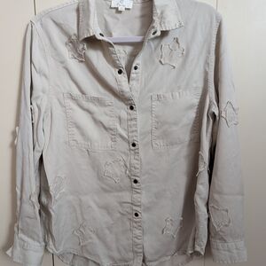 P Cill Beige Star Patch Collared Button Down Shirt